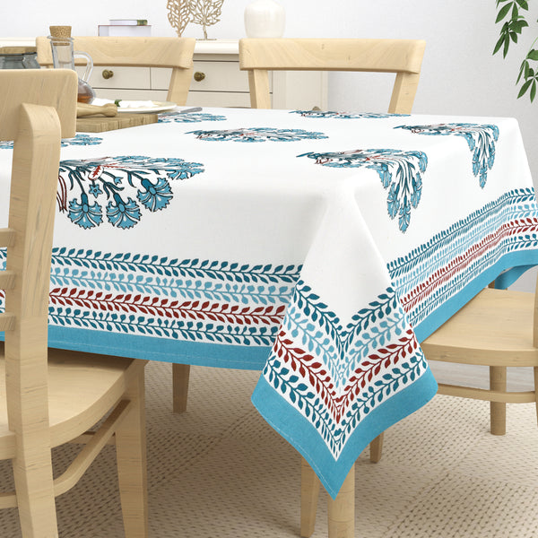 Table Cloth 4 Seater - Pure Cotton Jaipuri Hand Block Print - Ocean Bloom