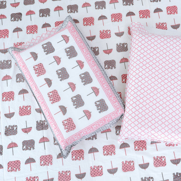 Premium Cotton Block Print Jaipuri Bedsheet - Elephant & Umbrella Print - Pink Grey