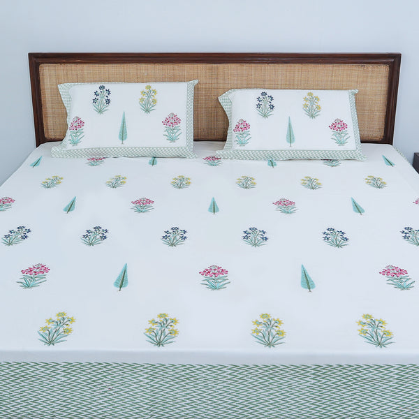 Premium Cotton Block Print Jaipuri Bedsheet - Green Yellow Mughal Garden