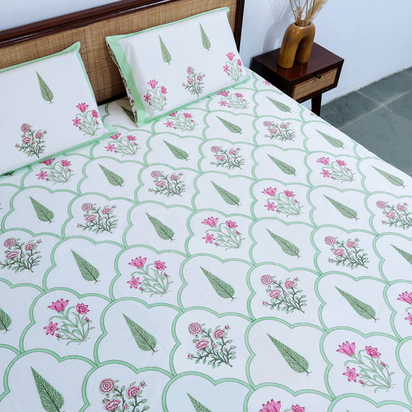 Premium Cotton Block Print Jaipuri Bedsheet - Green Pink Mughal Jaal