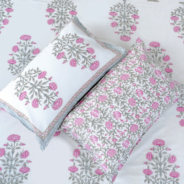 Premium Cotton Block Print Jaipuri Bedsheet - Grey Pink Floral