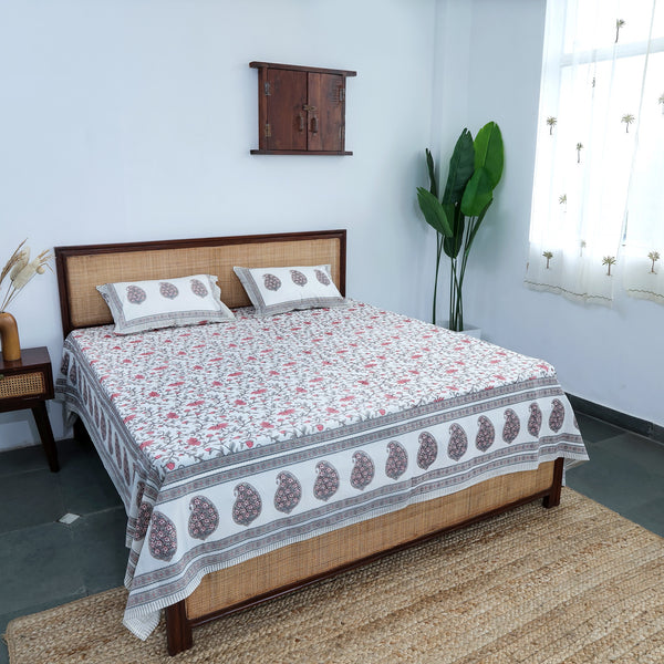 Pure Cotton Block Print Jaipuri Bedsheet - Super King Size - Pink Grey Blossom