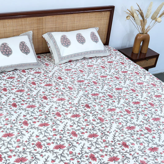 Pure Cotton Block Print Jaipuri Bedsheet - Super King Size 108*108 inches - Pink Grey Blossom
