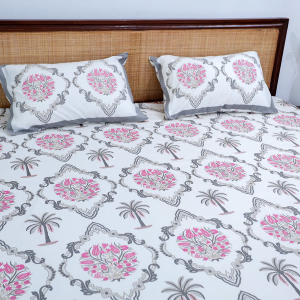 Pure Cotton Block Print Jaipuri Bedsheet - King Size 95*108 inches - Palm Blossom