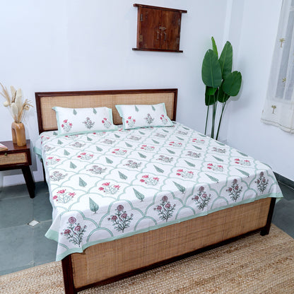 Premium Cotton Block Print Jaipuri Bedsheet - Red Green Mughal Jaal