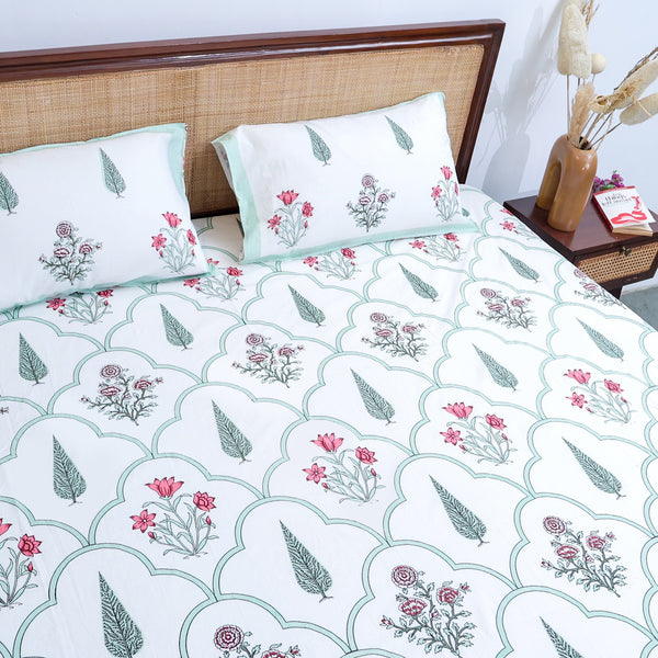 Premium Cotton Block Print Jaipuri Bedsheet - Red Green Mughal Jaal