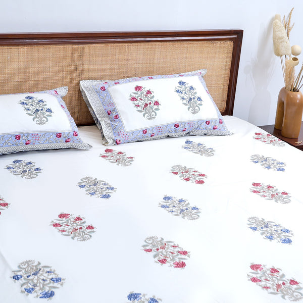 Premium Cotton Block Print Jaipuri Bedsheet - Blue Floral Fantasy