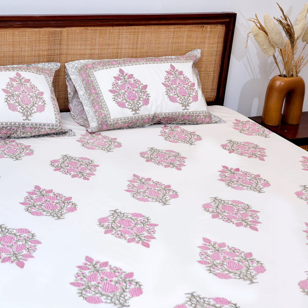 Premium Cotton Block Print Jaipuri Bedsheet - Grey Pink Motif