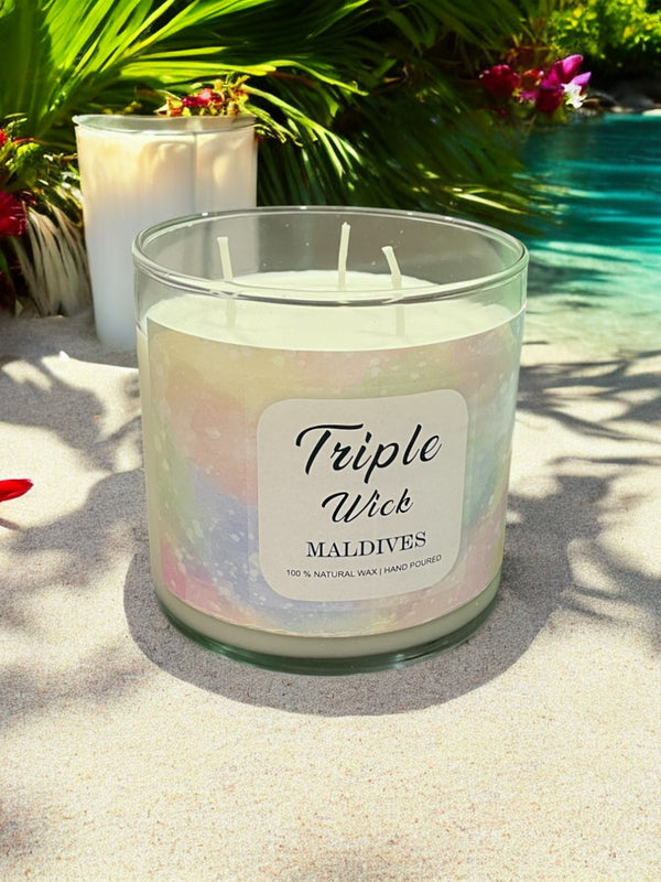 Triple Wick Scented Candle - Premium Scent 100% Soy Wax - Maldives