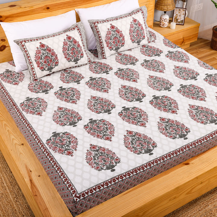 Pure Cotton Block Print Jaipuri Bedsheet - Super King Size 108*108 inches - Red Grey Motif