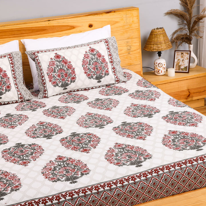 Pure Cotton Block Print Jaipuri Bedsheet - Super King Size 108*108 inches - Red Grey Motif