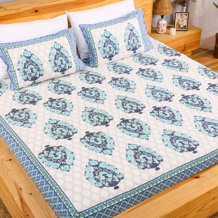 Pure Cotton Block Print Jaipuri Bedsheet - Super King Size 108*108 inches - Blue Motif