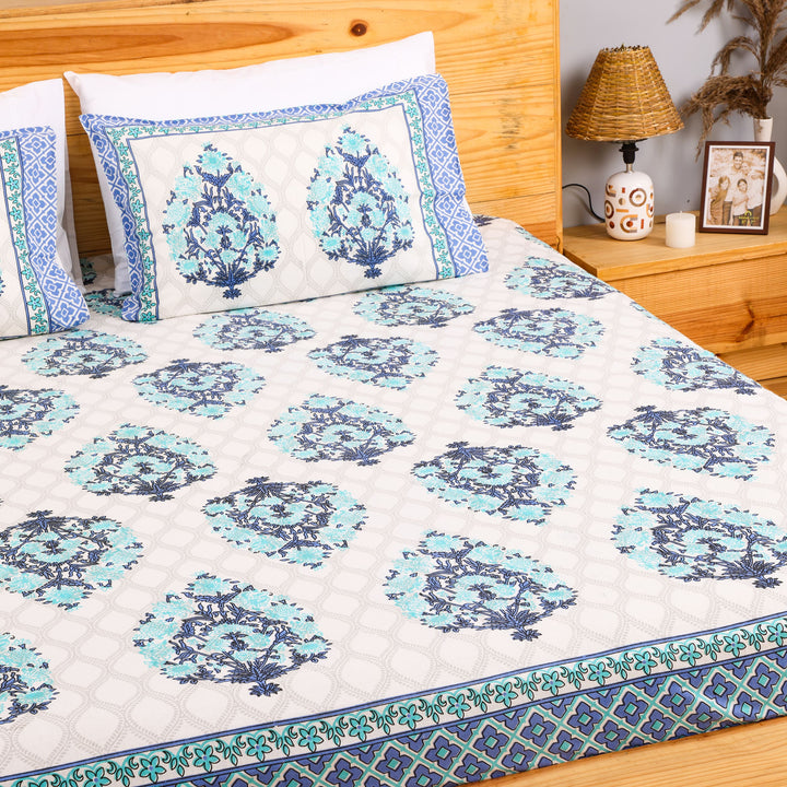 Pure Cotton Block Print Jaipuri Bedsheet - Super King Size 108*108 inches - Blue Motif