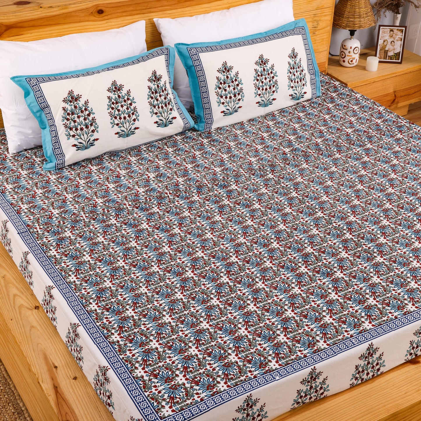 Pure Cotton Block Print Jaipuri Bedsheet - Super King Size 108*108 inches - Blue Floral Jaal