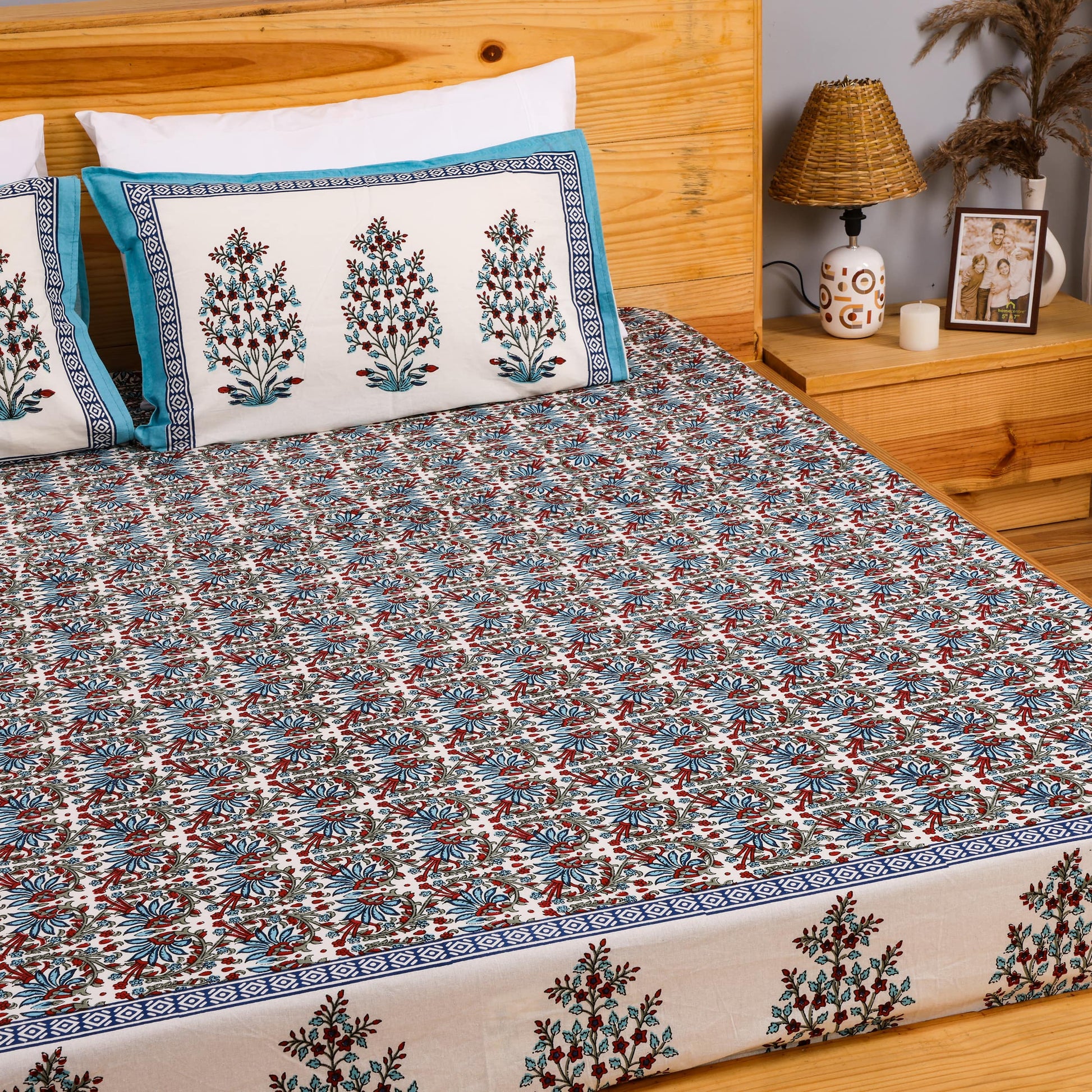 Pure Cotton Block Print Jaipuri Bedsheet - Super King Size 108*108 inches - Blue Floral Jaal
