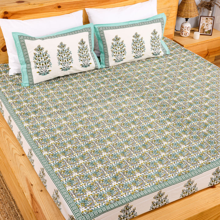 Pure Cotton Block Print Jaipuri Bedsheet - Super King Size 108*108 inches - Green Floral Jaal