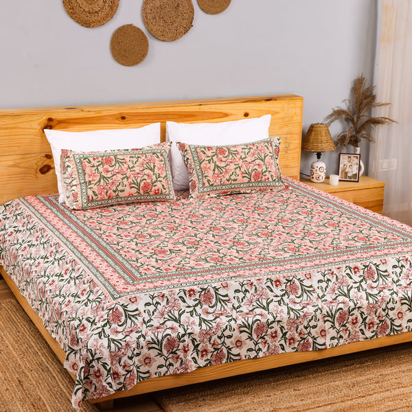 Pure Cotton Block Print Jaipuri Bedsheet - Super King Size 108*108 inches - Peach Floral