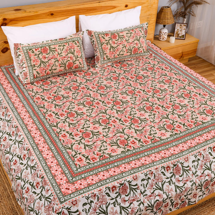 Pure Cotton Block Print Jaipuri Bedsheet - Super King Size 108*108 inches - Peach Floral