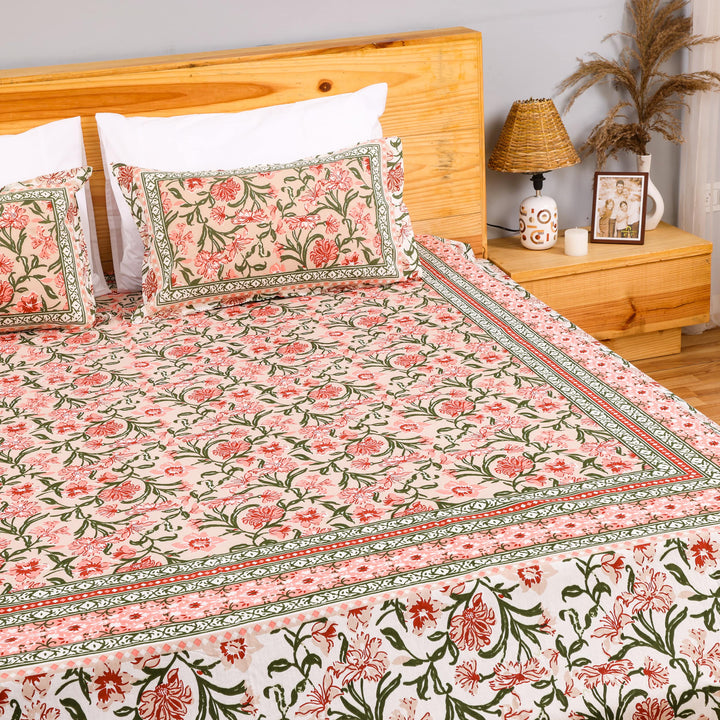 Pure Cotton Block Print Jaipuri Bedsheet - Super King Size 108*108 inches - Peach Floral