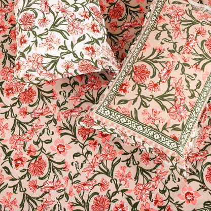 Pure Cotton Block Print Jaipuri Bedsheet - Super King Size 108*108 inches - Peach Floral