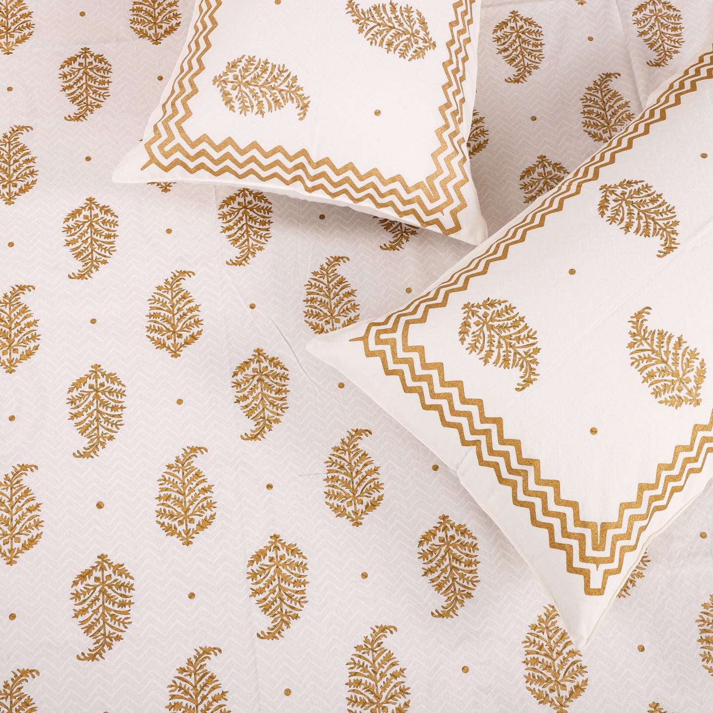 Pure Cotton Block Print Jaipuri Bedsheet - King Size 90*108 inches - Gold Paisley