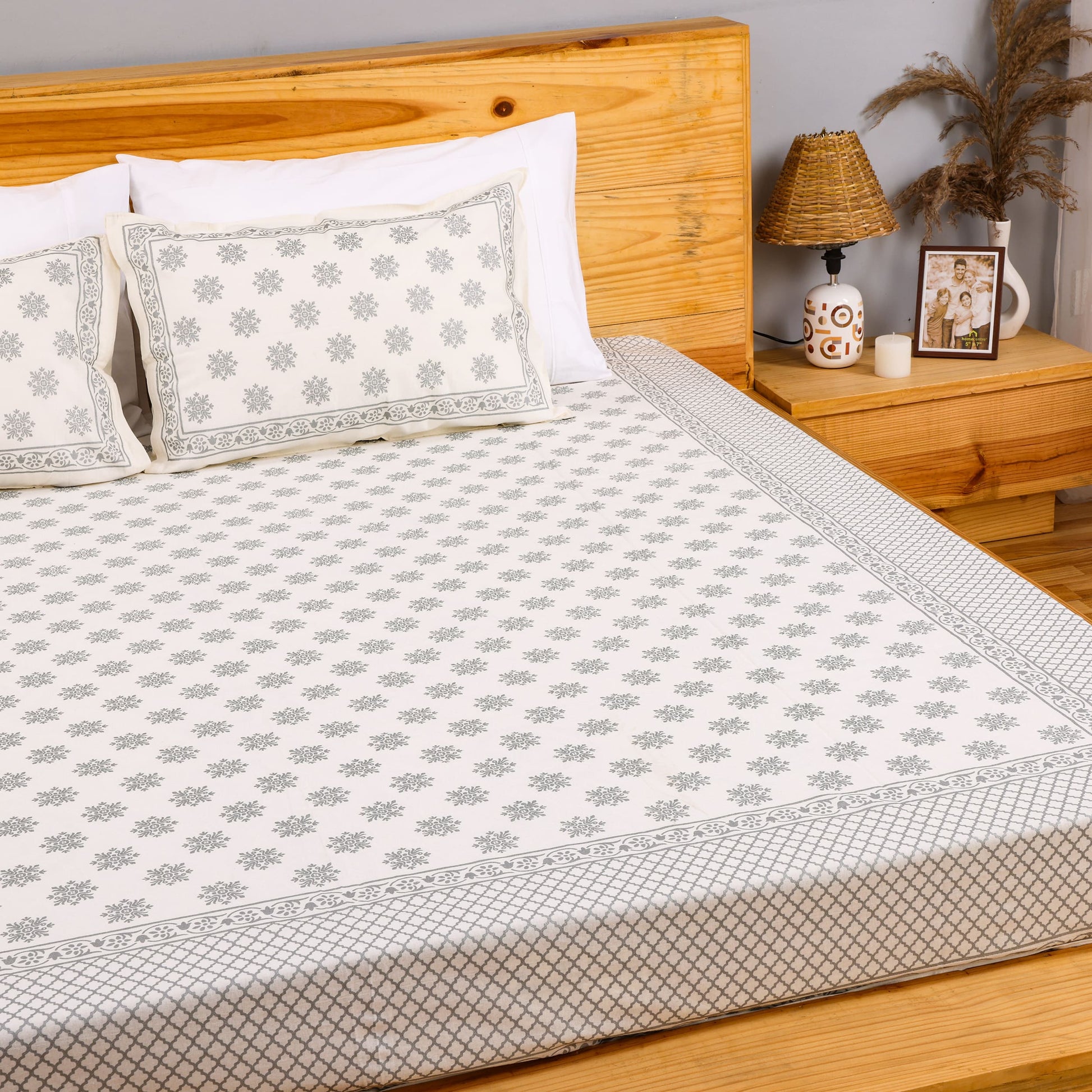 Pure Cotton Block Print Jaipuri Bedsheet - King Size 90*108 inches - Silver Snowflake