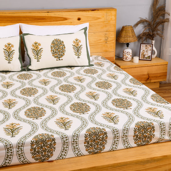 Pure Cotton Block Print Jaipuri Bedsheet - King Size 95*108 inches - Yellow Green Floral