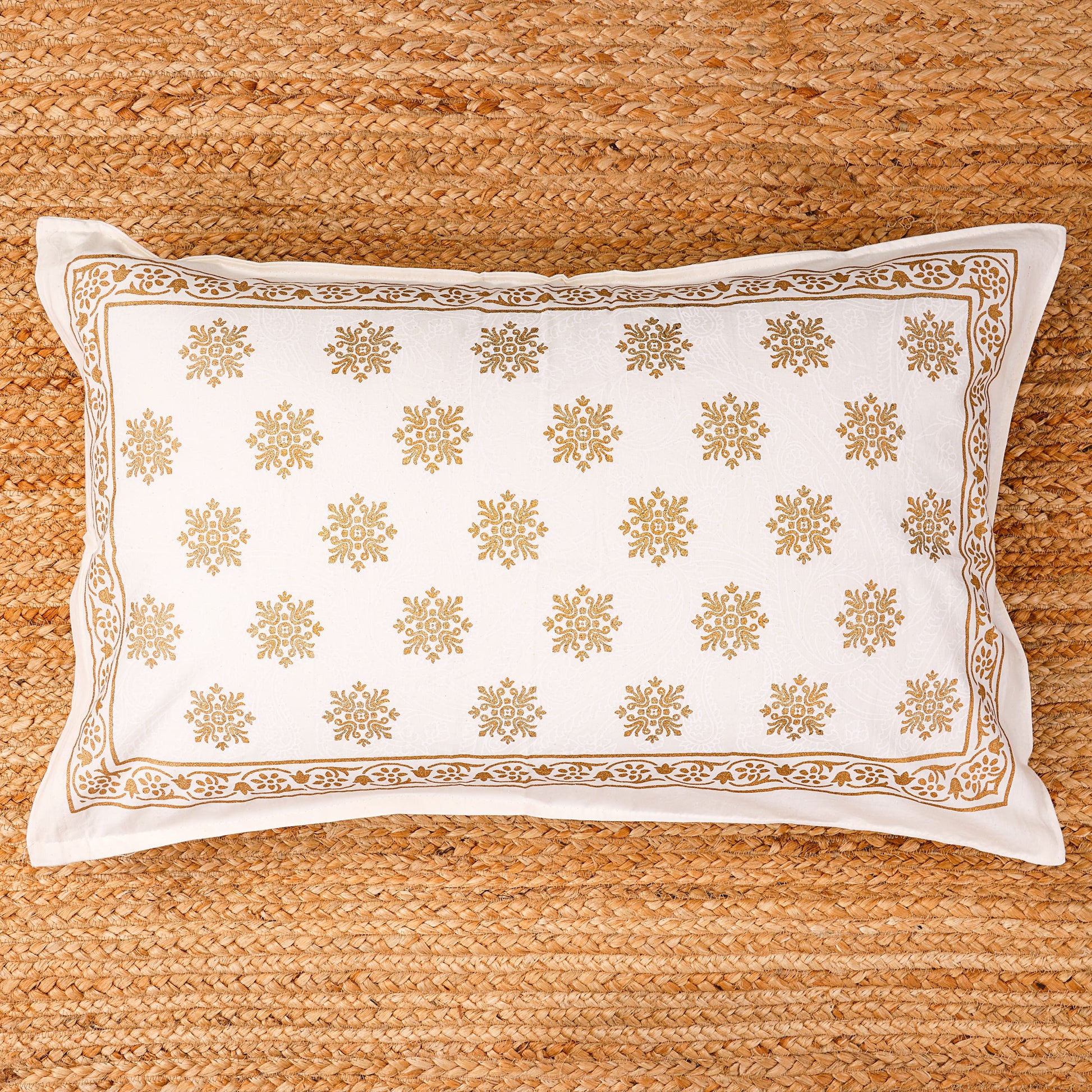 Pure Cotton Block Print Jaipuri Bedsheet - King Size 90*108 inches - Gold Snowflake