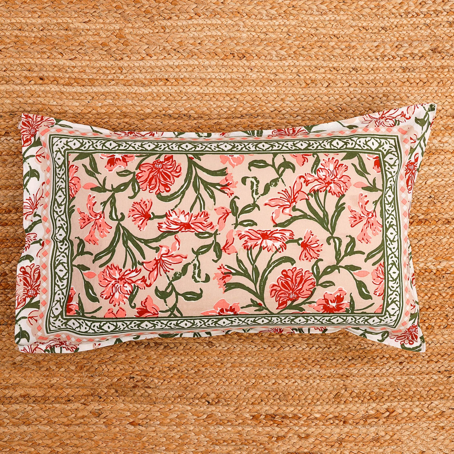 Pure Cotton Block Print Jaipuri Bedsheet - Super King Size 108*108 inches - Peach Floral