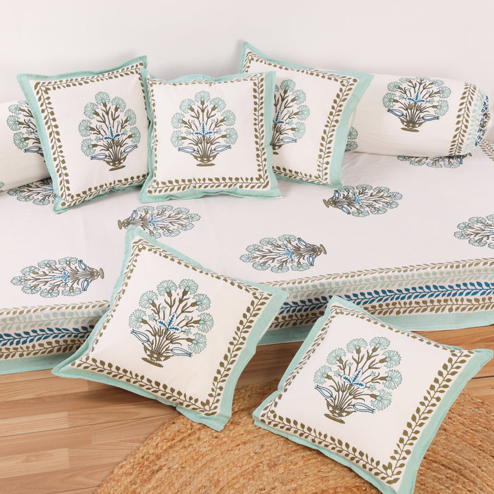 Pure Cotton Diwan Set || Set of 8 Pieces, 1 Hand Block Print Diwan Bedsheet, 2 Bolster Cover, 5 Cushion Cover || Green Floral