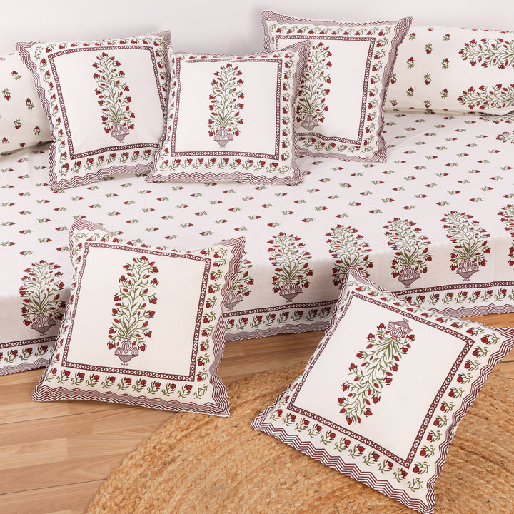 Pure Cotton Diwan Set || Set of 8 Pieces, 1 Hand Block Print Diwan Bedsheet, 2 Bolster Cover, 5 Cushion Cover || Maroon Floral