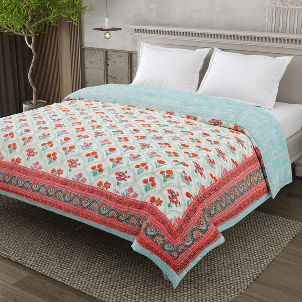 Mulmul Cotton Block Print Jaipuri Razai - Double Bed Hand Quilted Reversible Razai - Floral Breeze