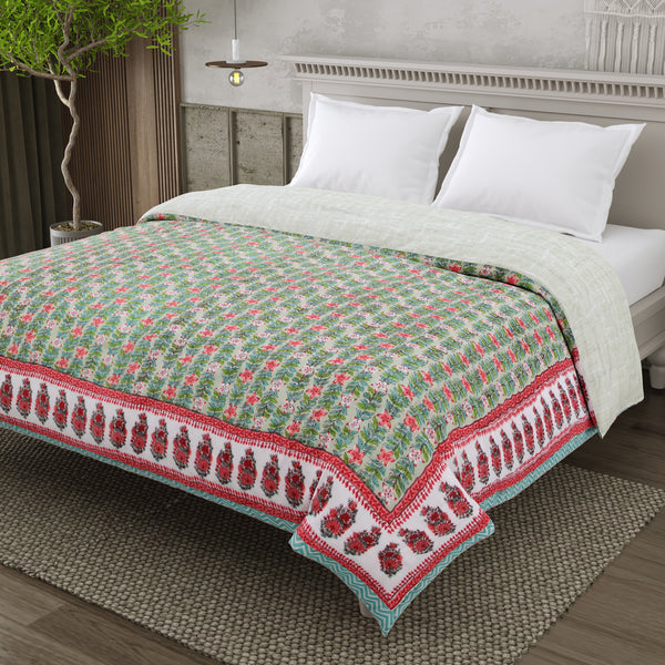 Mulmul Cotton Block Print Jaipuri Razai - Double Bed Hand Quilted Reversible Razai - Verdant Bloom