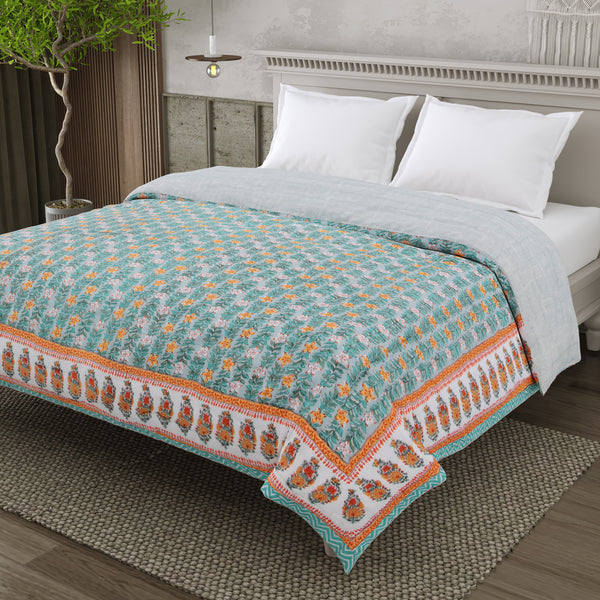 Mulmul Cotton Block Print Jaipuri Razai - Double Bed Hand Quilted Reversible Razai - Verdant Bloom