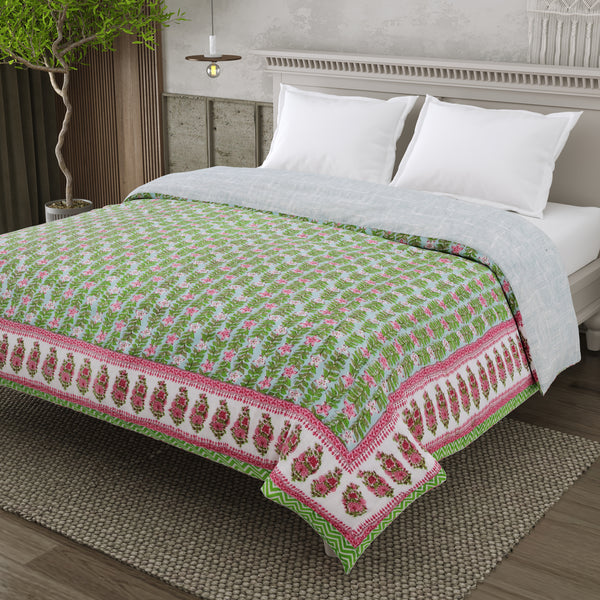 Mulmul Cotton Block Print Jaipuri Razai - Double Bed Hand Quilted Reversible Razai - Verdant Bloom