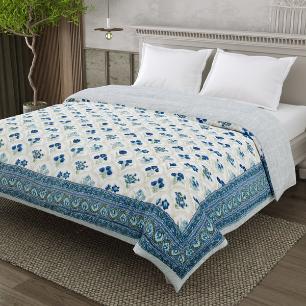 Mulmul Cotton Block Print Jaipuri Razai - Double Bed Hand Quilted Reversible Razai - Floral Breeze