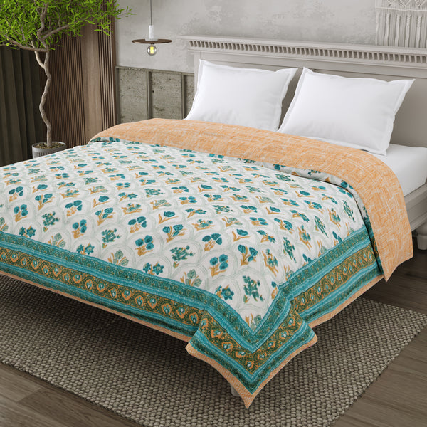 Mulmul Cotton Block Print Jaipuri Razai - Double Bed Hand Quilted Reversible Razai - Floral Breeze