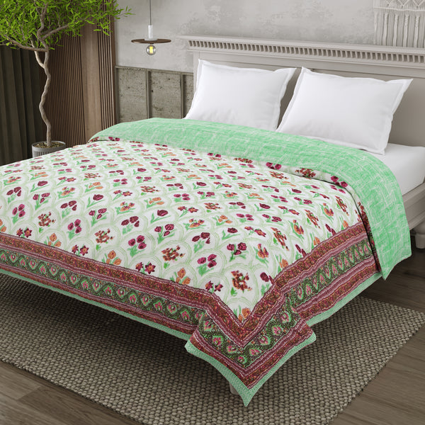 Mulmul Cotton Block Print Jaipuri Razai - Double Bed Hand Quilted Reversible Razai - Floral Breeze