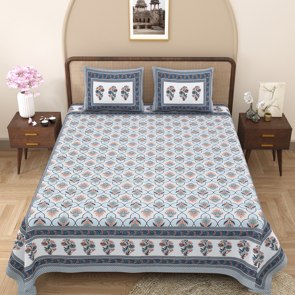 Pure Cotton Block Print Jaipuri Bedsheet - King Size 100*108 inches - Blue Marigold Meadow