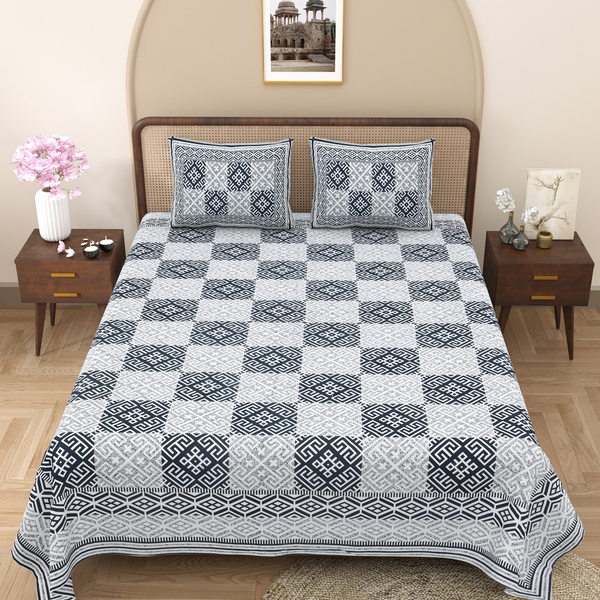 Pure Cotton Block Print Jaipuri Bedsheet - King Size 100*108 inches - Grey Geometric