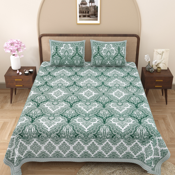 Pure Cotton Block Print Jaipuri Bedsheet - King Size 100*108 inches - Green Traditional