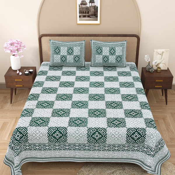 Pure Cotton Block Print Jaipuri Bedsheet - King Size 100*108 inches - Green Geometric