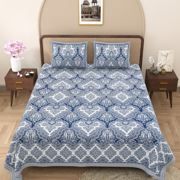 Pure Cotton Block Print Jaipuri Bedsheet - King Size 100*108 inches - Blue Traditional