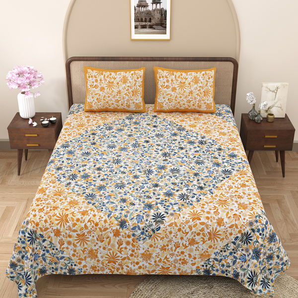 Pure Cotton Block Print Jaipuri Bedsheet - King Size 100*108 inches - Blue Mustard Floral