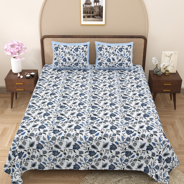 Pure Cotton Block Print Jaipuri Bedsheet - King Size 100*108 inches - Blue Floral Print