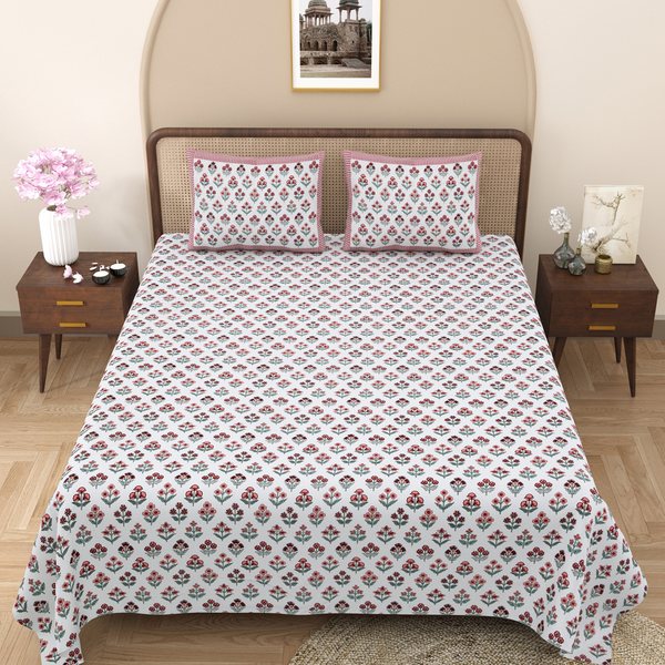 Pure Cotton Block Print Jaipuri Bedsheet - King Size 100*108 inches - Pink Petals