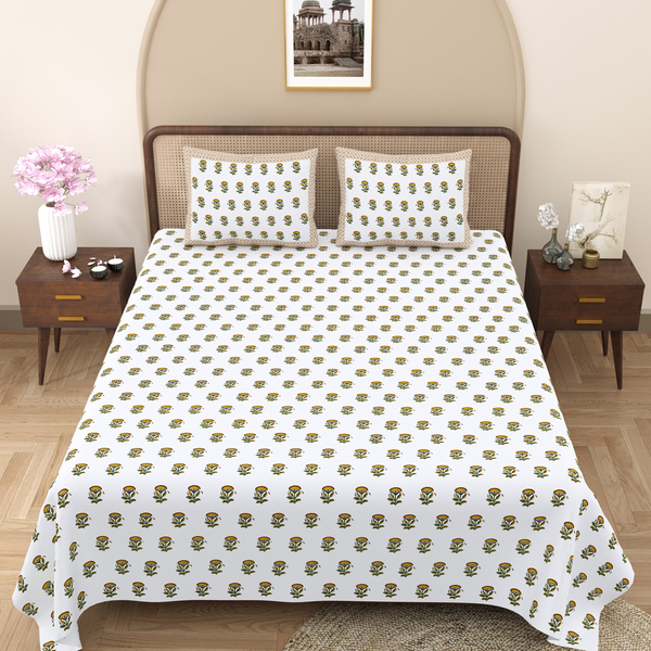 Pure Cotton Block Print Jaipuri Bedsheet - King Size 100*108 inches - Yellow Green Butti