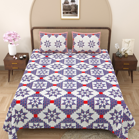 Pure Cotton Block Print Jaipuri Bedsheet - King Size 100*108 inches - Blue Starlight