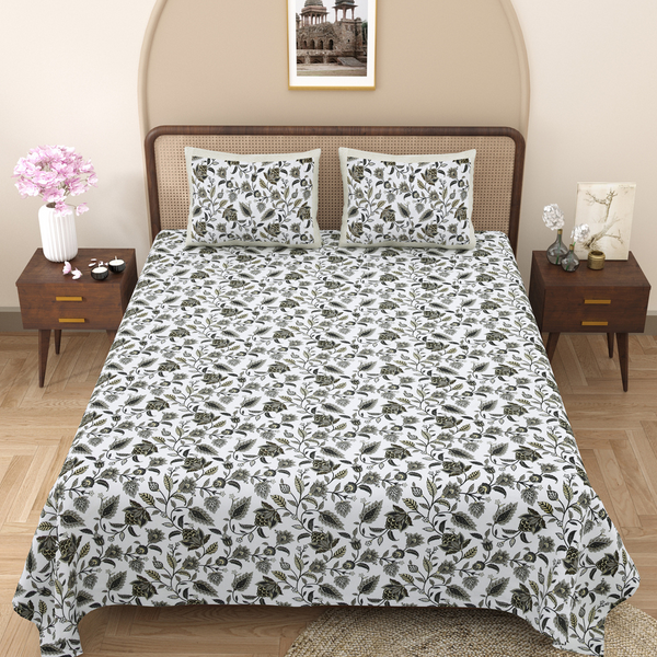 Pure Cotton Block Print Jaipuri Bedsheet - King Size 100*108 inches - Grey Floral Print