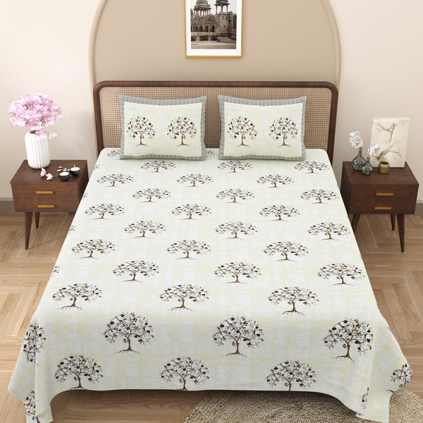 Pure Cotton Block Print Jaipuri Bedsheet - King Size 100*108 inches - Brown Garden Glory